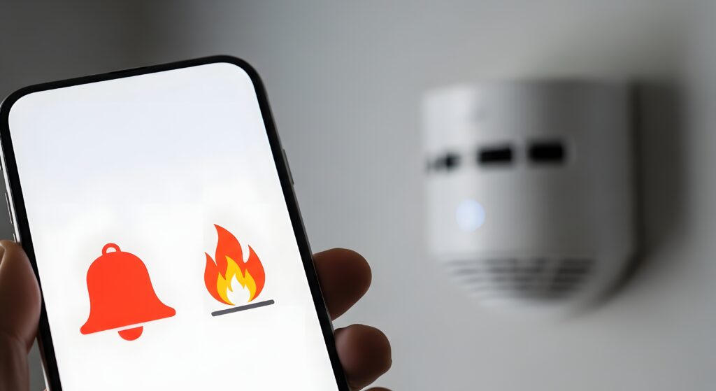 Smartphone displaying fire and bell icons with a smoke detector in the background, symbolizing smart home safety and fire alarm notifications.
