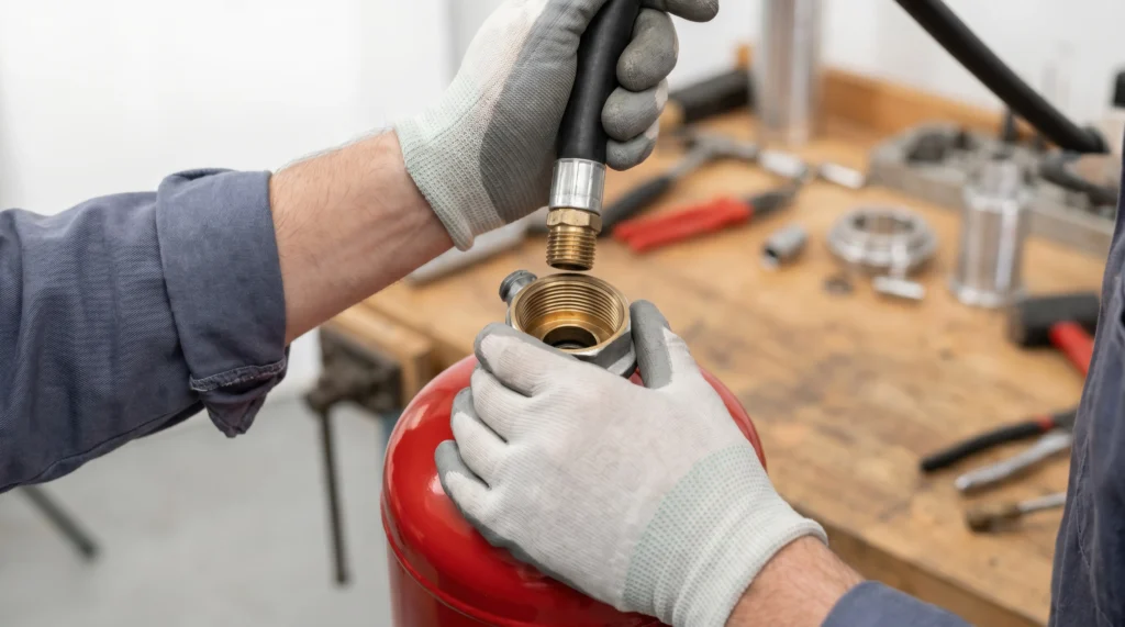 Technician wearing gloves attaching a black hose to the brass valve of a red gas cylinder